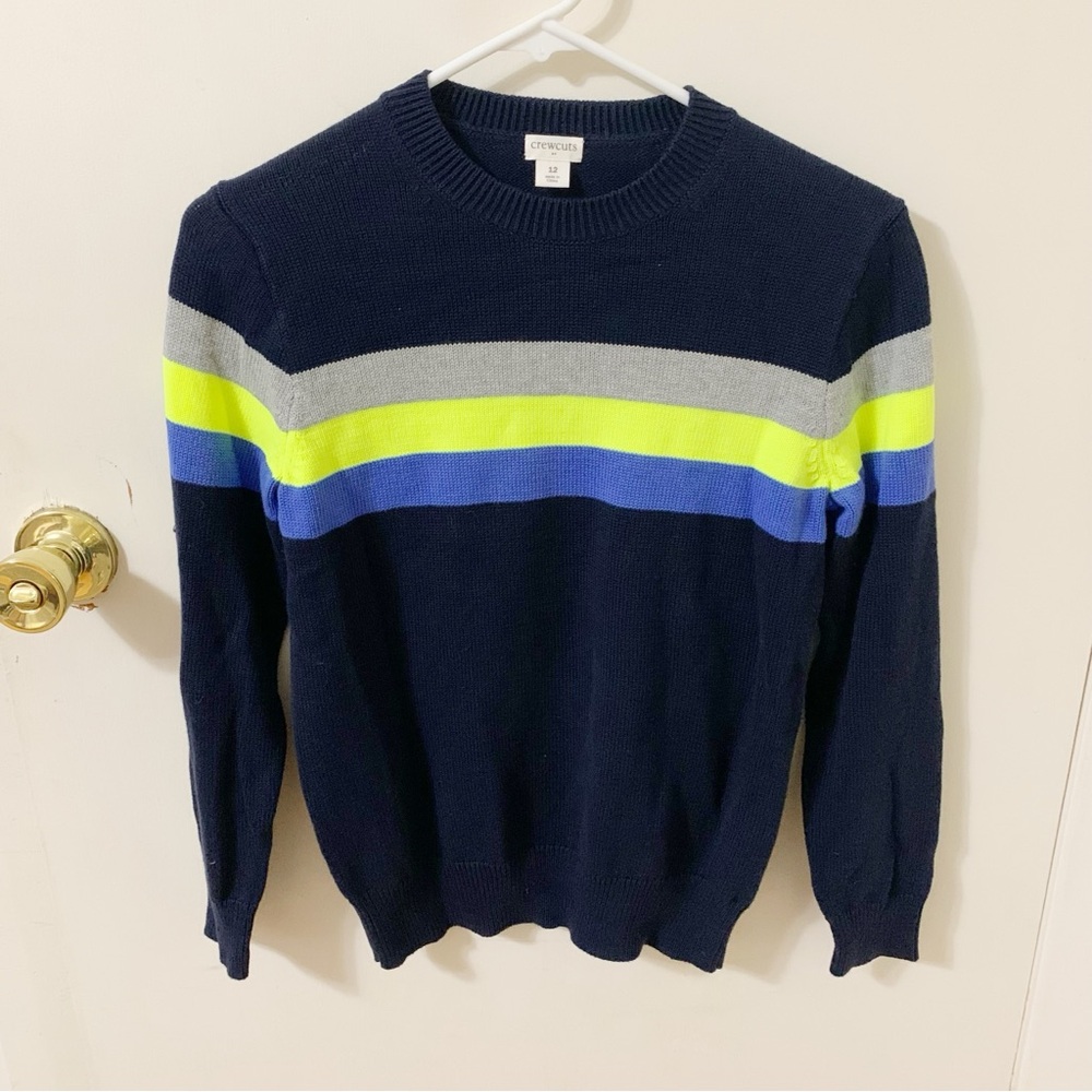 🎁 Crewcuts kids navy blue cotton sweater w/neon, blue & gray stripe size 12
